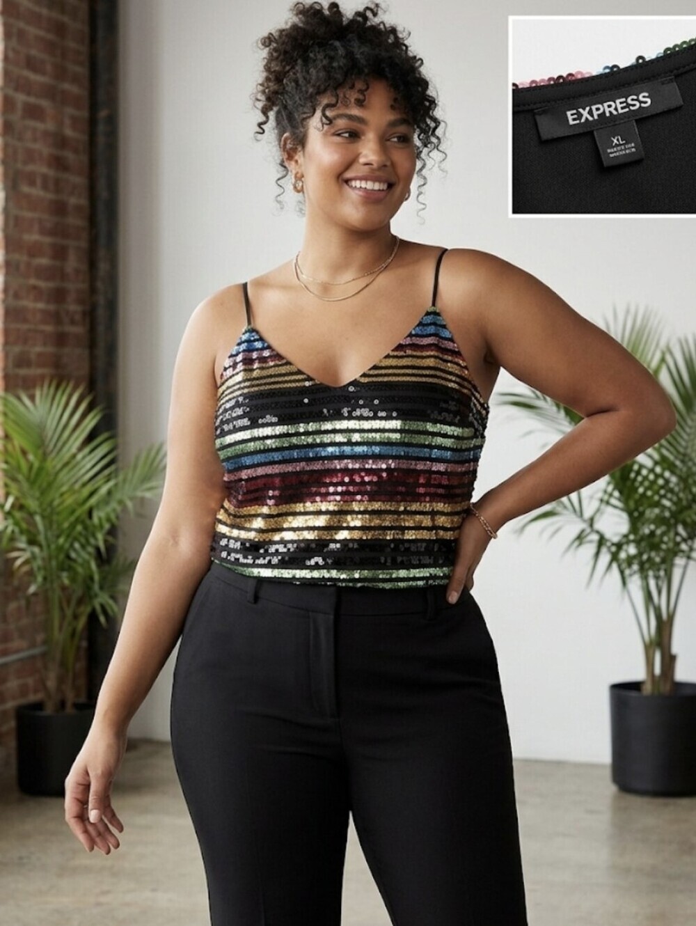 Express Sequin Rainbow Striped Cami Tank Top Going Out Festival Size XL